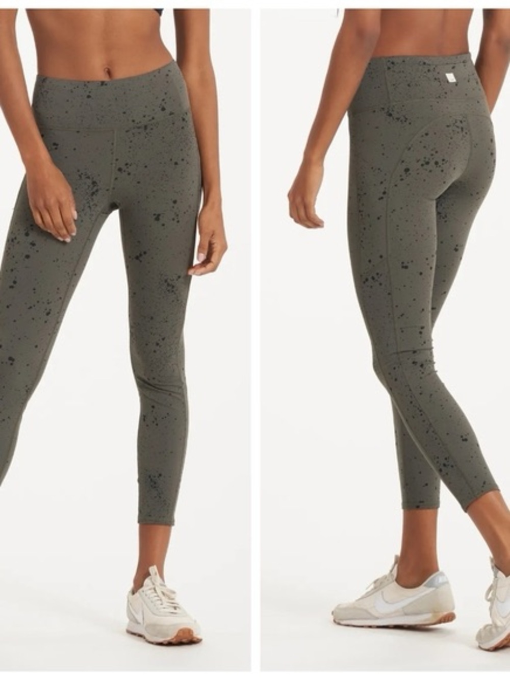 Vuori Stride Legging in the olive green Oregano Splatter colorway size small